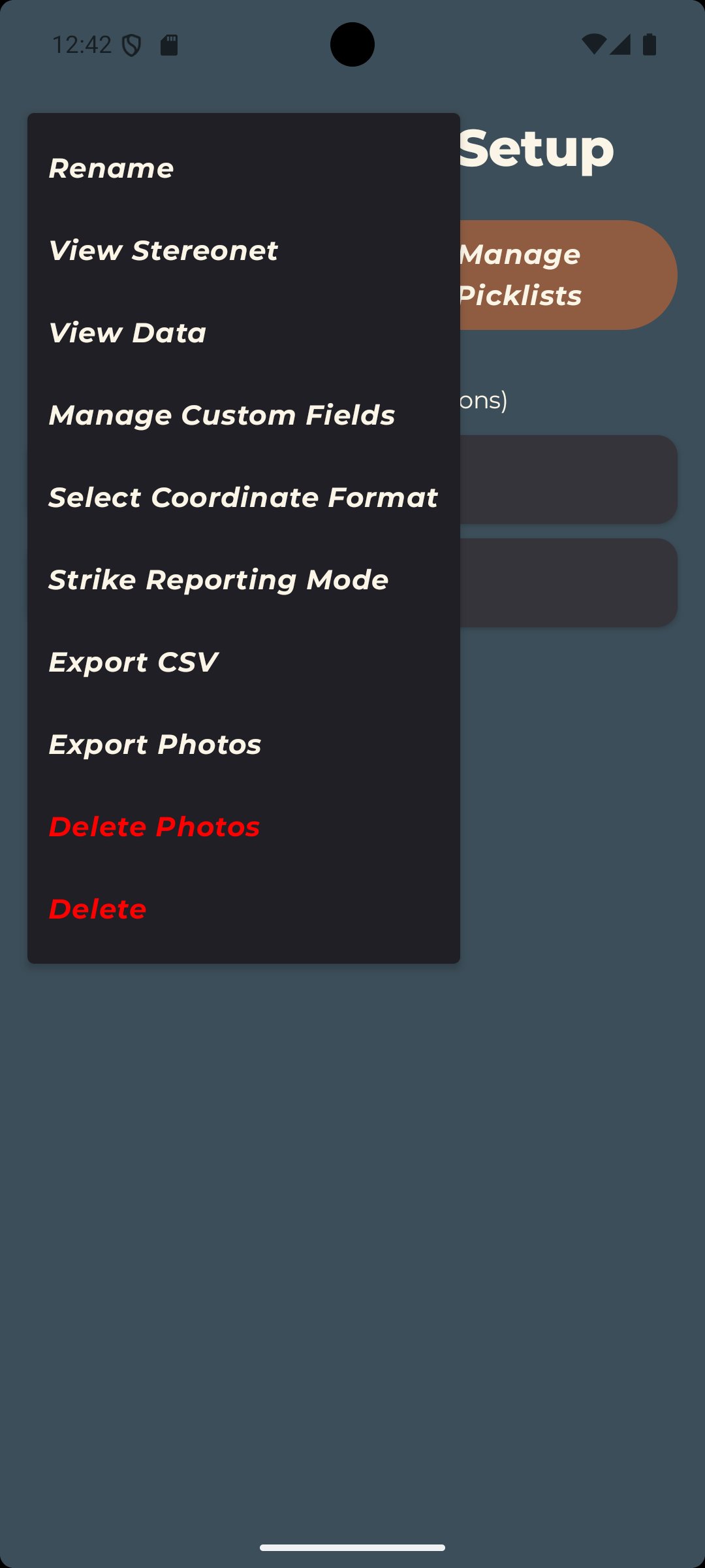 Clinometer dataset menu
